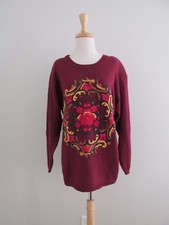 Vintage Collections Internationale Size L Burgundy Embroidered Floral Sweater