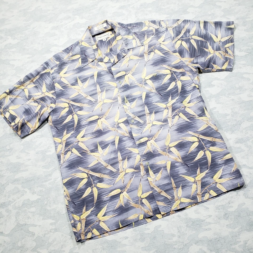 Mario Ferrari 夏威夷衬衫男式中号蓝色竹印花短袖 Aloha — 第 2/4 张图片