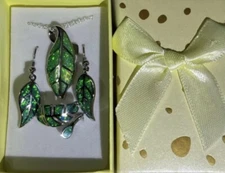 Kiwi Green Fire Opal Leaf Necklace, Dangle Earrings, & Wrap Around Ring Sz 7 Set