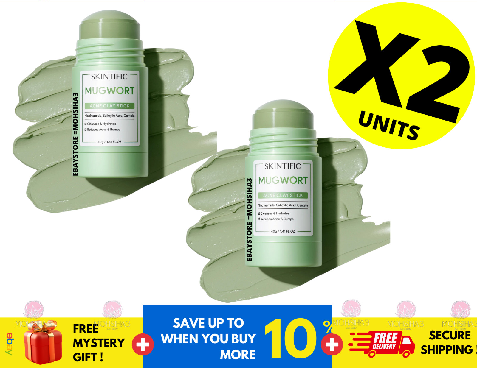 SKINTIFIC Mugwort Acne Clay Mask Stick (reduces redness, inflammation ) 40g X 2