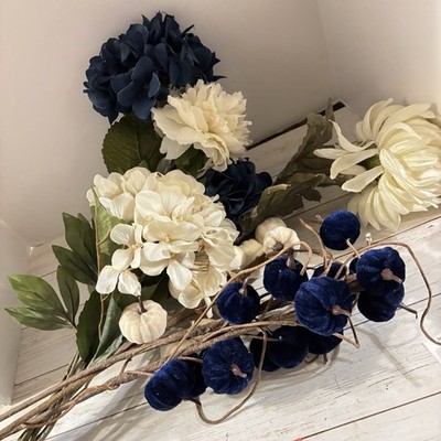 Long 31  Stem Huge Silk Variety White, Blue Flowers & Navy Long Stem Pumpkins
