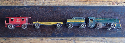 Vintage Tin Mechanical Miniature Litho Wind Up Train Toy Set of 4