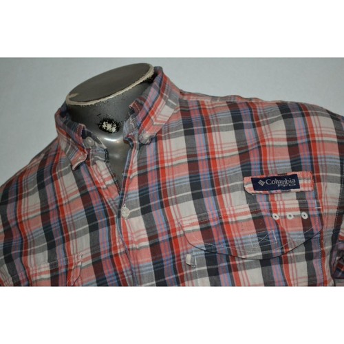 40734 Columbia PFG Fishing Shirt Pink Plaid Cotton Size Medium Mens - Picture 2 of 8
