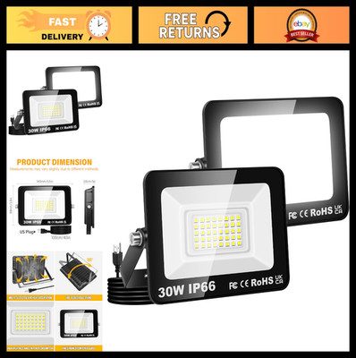 2 Pack 30W LED Flood Lights 3000LM 6000K IP66 Plug In Outdoor Security Lamp