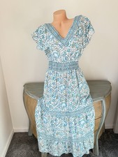 Rachel Zoe Linen Maxi Dress 👀M Boho Teal V Soft Tiered Floral Romantic Pockets