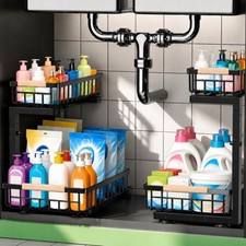 Under Sink Organizer 2Pack,Double Slide Out Metal Shelf,Pull Out Kitchen Storage