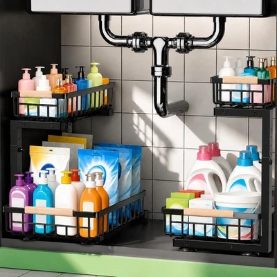 Under Sink Organizer 2Pack,Double Slide Out Metal Shelf,Pull Out Kitchen Storage