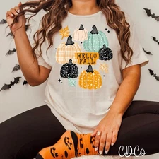 HAPPY FALL PLAID & DOTTED PUMPKINS BELLA + CANVAS TSHIRT - MSG W/ COLOR & SIZE