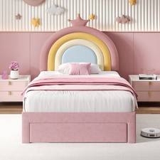 Image of 3ft Single Velvet Upholstered Bed with Rainbow Headboard, Storage Drawer, Pink
