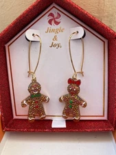 NWB Jingle & Joy Gold Sparkling Mr. & Mrs. Gingerbread Hook Earrings