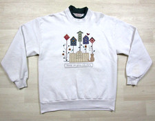 Vintage 90s Cut  Sew Sweatshirt L Cat Birds Double Collar No Place Like Home