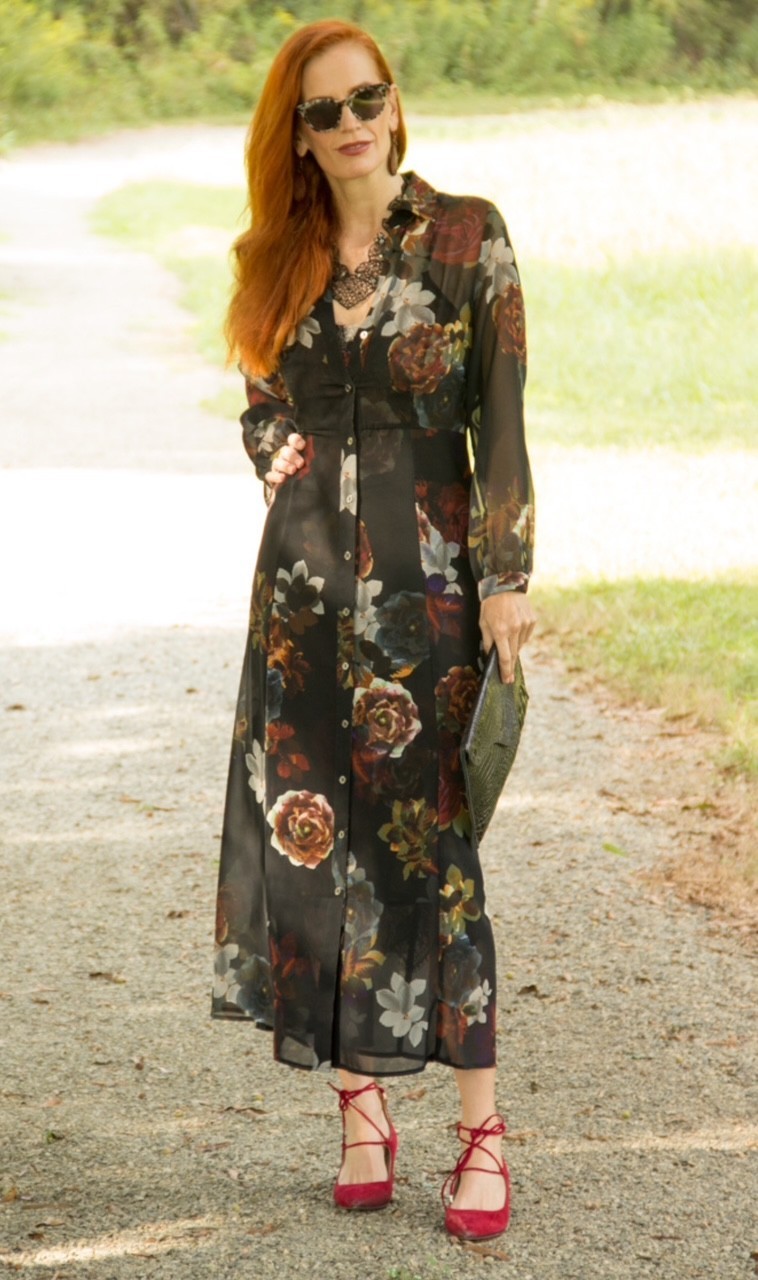 Soft Surroundings 2pc Black Floral Button Down Shirt Maxi + Slip Dress M = 10/12