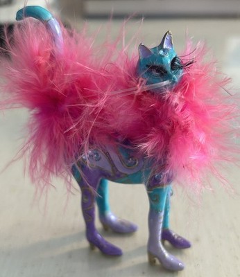 Soizick Fancy Cat Figure Rhinestones Pink Boa High Heels Lashes 4x2 