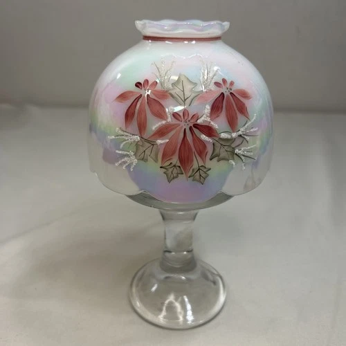 Fenton Iridescent Pearl Candle Fairy Lamp Globe Stand Holiday Poinsettia Signed