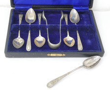 Six Tea Spoons Tongs Set Fitted Box Silver Plated Engraved Foliate Set of 6