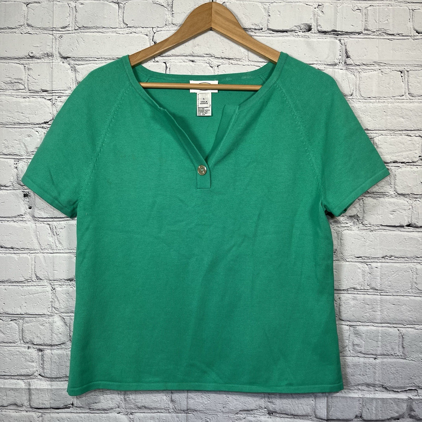 Talbots V Neck Button Short Sleeve Shirt Womens Size Large Green Vintage