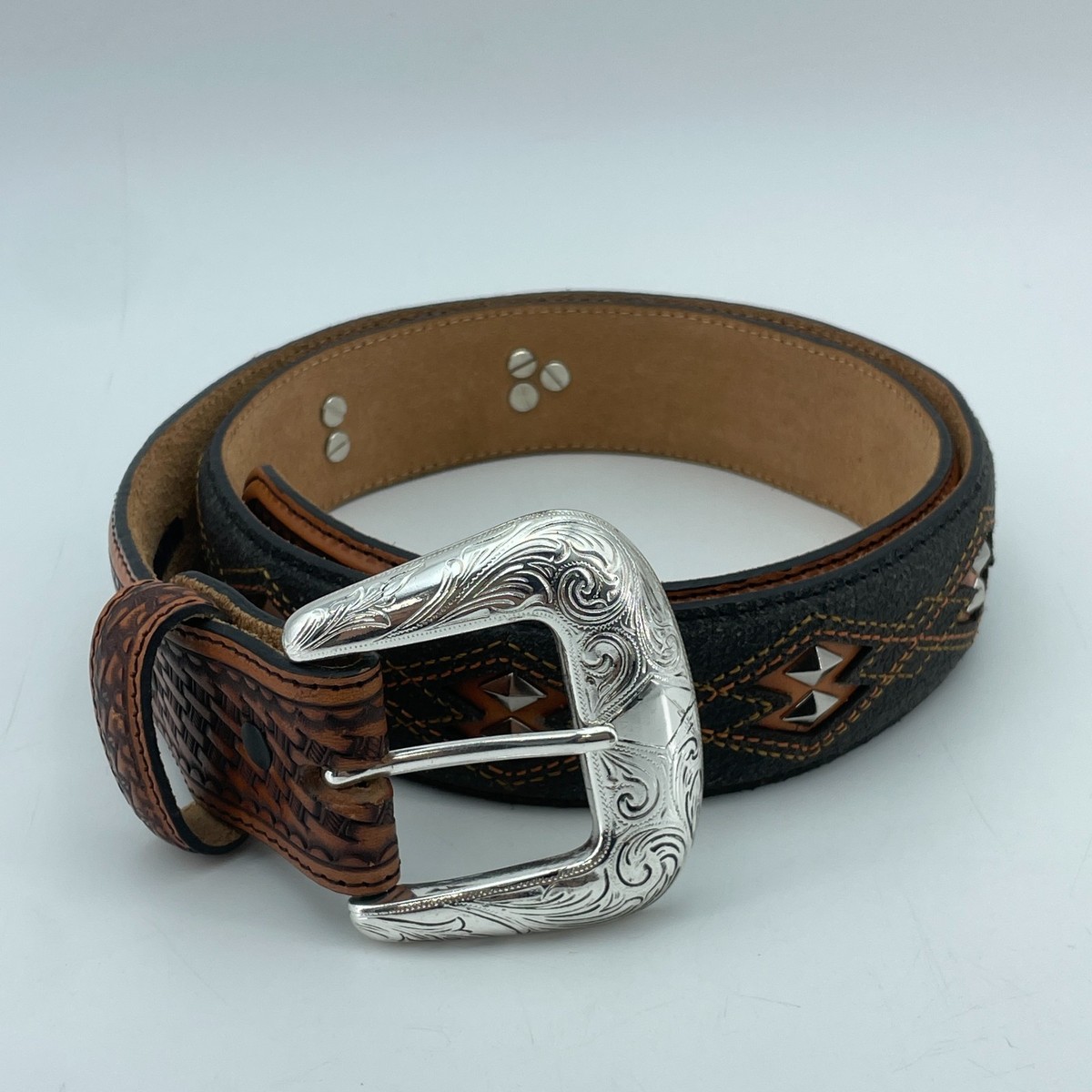 Genuine Leather Western Belt with Silver Engraved Buckle Western Rhinestone Buckle Genuine Full Grain Floral Engraved  main image 3