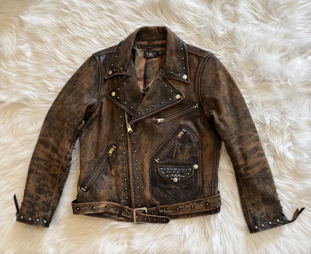 RRL Double RL Ralph Lauren New Studded Leather Moto Jacket Brown