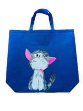 Tasche  44x40 Shopper  Blau Einkaufstasche Handbemalt Unikat Katze Geschenk Neu