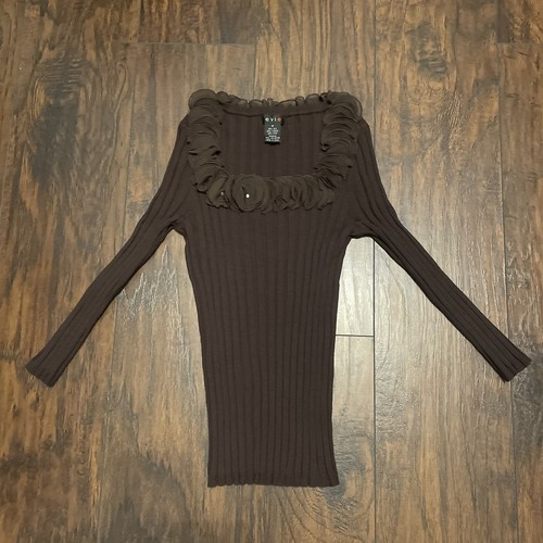 Vintage Evie Brown Silk Ruffle Top Size M - Picture 3 of 6