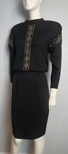 Vintage Marie St John 1980s Black Knit Skirt Sweater Set Multicolor Embellishm