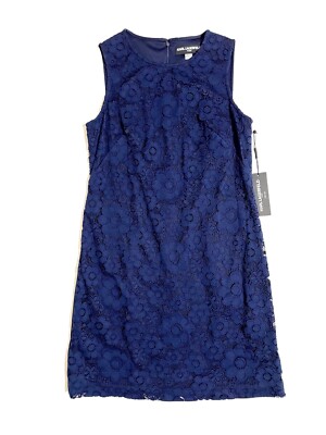 Karl Lagerfeld Womens Navy Blue Floral Lace Front Cocktail Shift Dress SZ 8 NWT