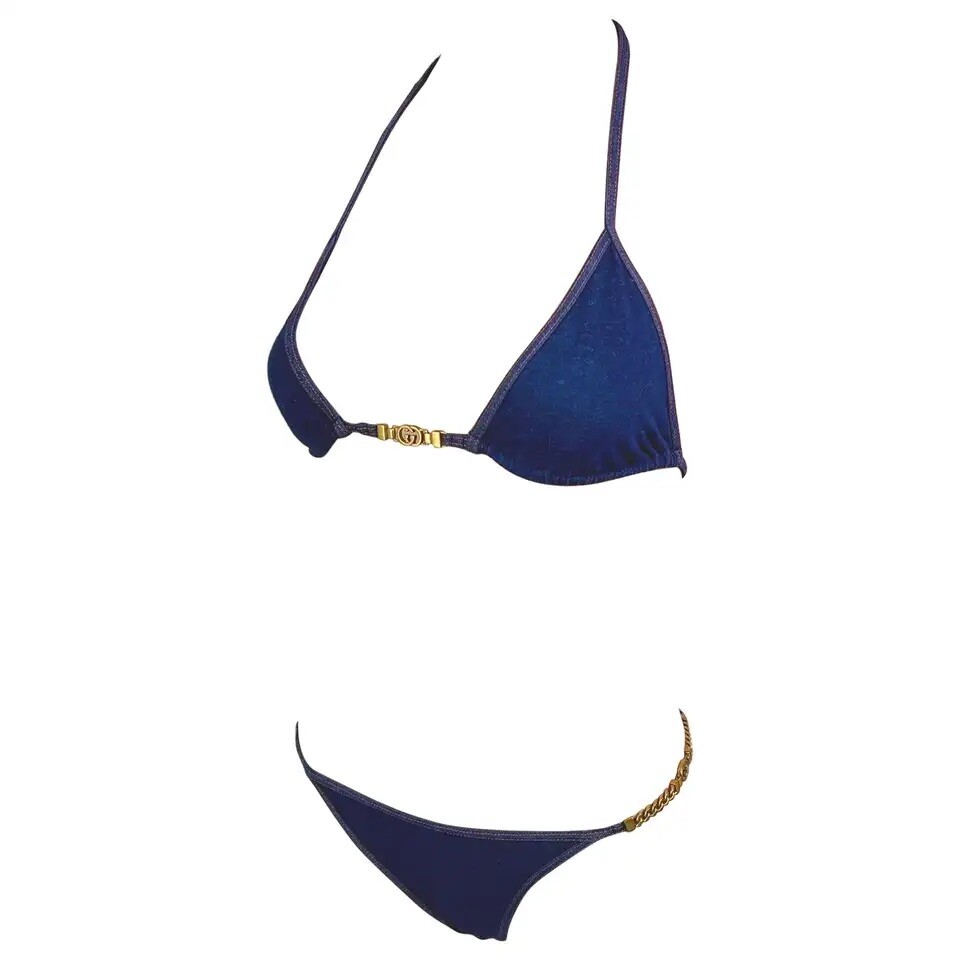 Gucci GG Logo Chain Denim Print Two-Piece Bikini Swimsuit