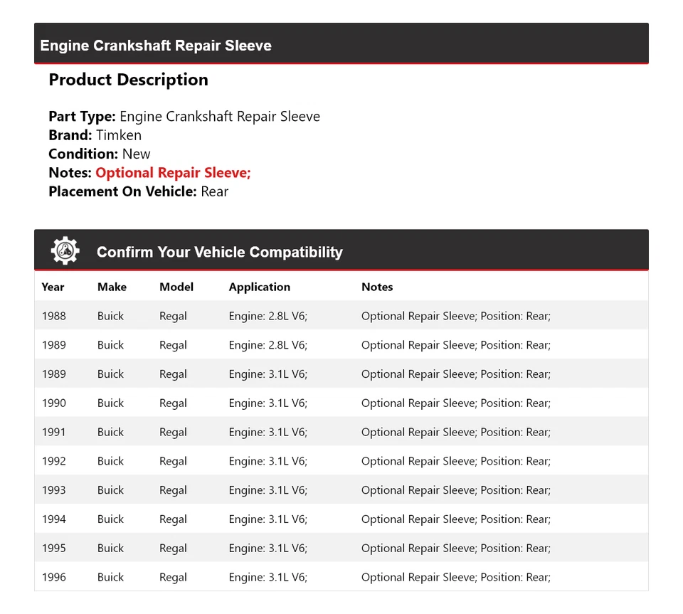 For 1988-1996 Buick Regal Engine Crankshaft Repair Sleeve Rear Timken 1989 1990 - Image 2 of 4