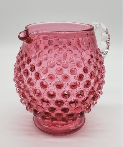 Vintage Fenton Cranberry Hobnail Pink Art Glass Crimped Creamer Pitcher - Picture 4 of 10
