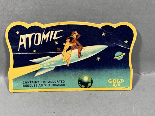 Atomic Gold Eye Needle Packet Vintage Rocket Ship Graphics 1950's Advertising - Picture 2 of 8
