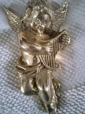 Vintage Brass Harp Playing ANGEL Cherub Wall Plaque