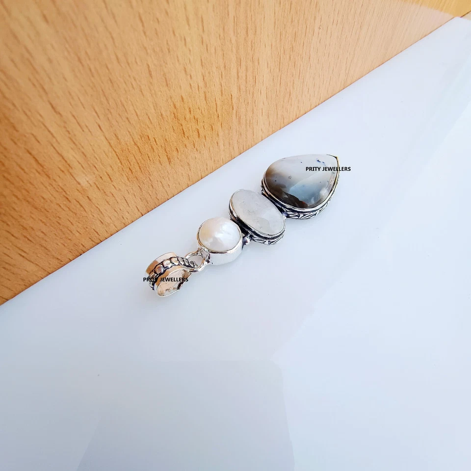 树枝蛋白石珍珠镀银手工吊坠,大号 2.6 英寸吊坠 — 第 4/4 张图片