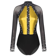 Women's Gymnastics Dance Dress Long Sleeve Leotard Rhinestone Ballet Dancewear