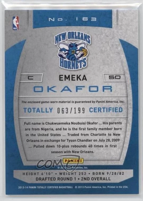 2013-14 Totally Certified Memorabilia Totally Red /199 Emeka Okafor #163 - Image 2 of 2