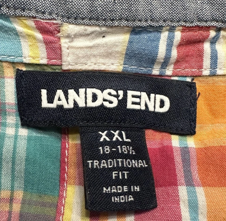 Lands End Madras Patchwork Plaid Button Up Shirt Mens XXL S/S Traditional Fit - Image 3 of 4