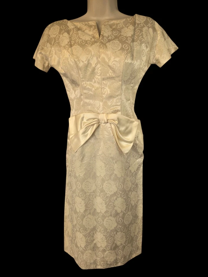 Vestido de fiesta hecho a mano de los años 50 brocado crema movible talla 4-6 lazo satinado corto Slv Foto 3 de 4