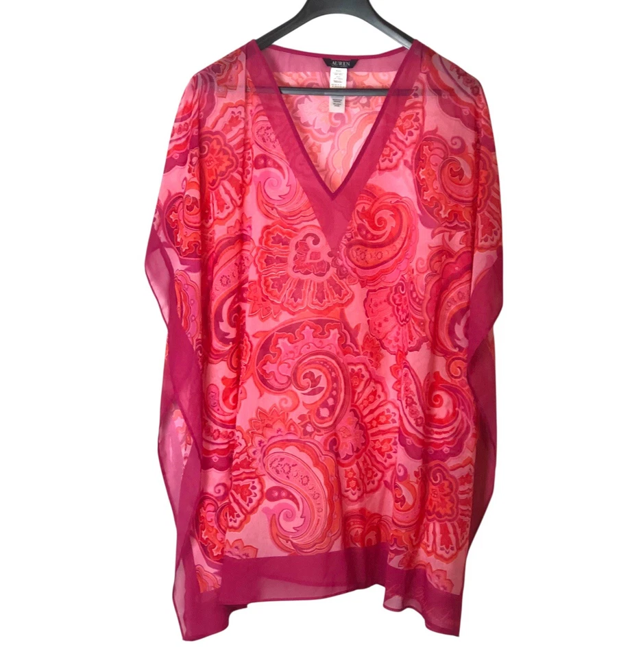 NUEVO CON ETIQUETAS Ralph Lauren Mujer Rojo Rosa Naranja Chifón Túnica Cubrir Talla S $135 Foto 4 de 4