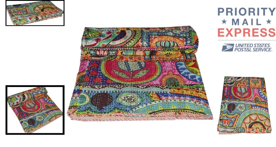 Edredón Kantha reversible hecho a mano - tiro floral tamaño doble para decoración Foto 2 de 4