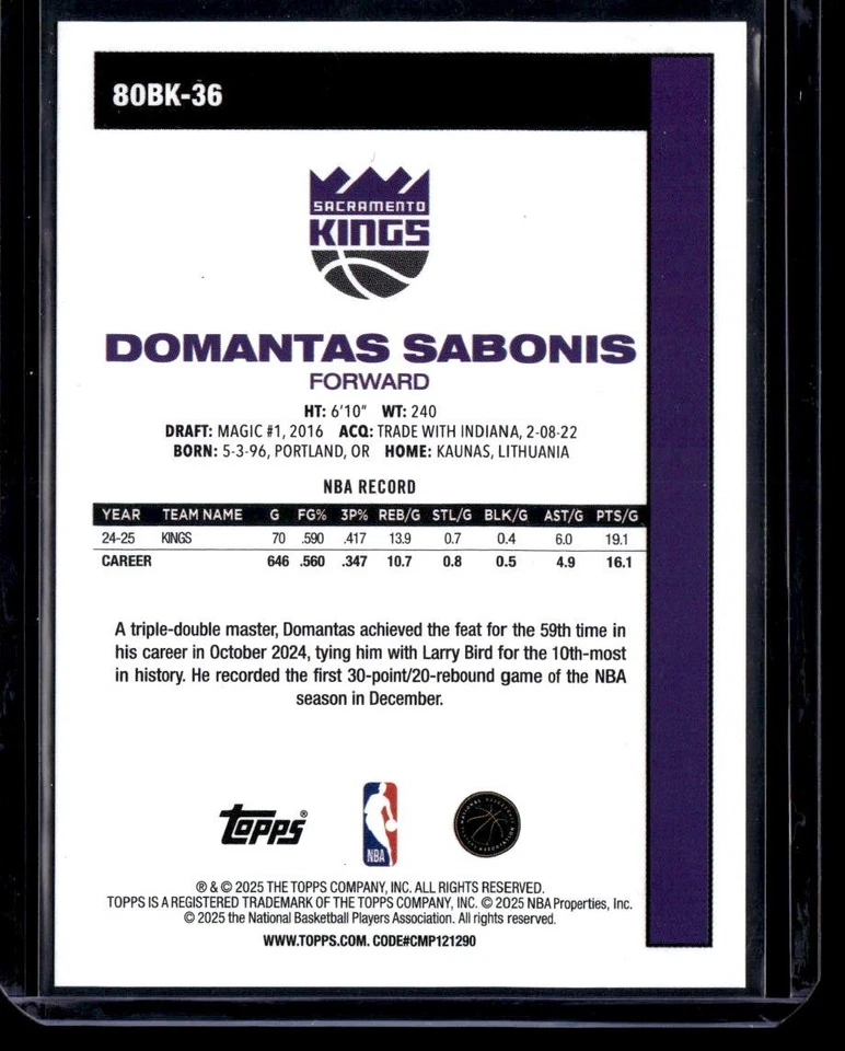 2025-26 Topps Basketball 1980-81 Domantas Sabonis #80BK-36 Gold Holo Foil 15/50 - Image 2 of 2