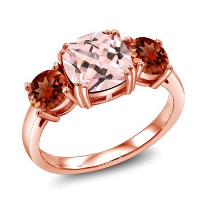 18K Rose Gold Plated Silver Peach Nano Morganite and Garnet 3-Stone Engagement
