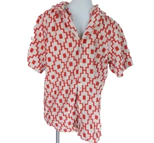 OAS Men's Large Shirt Button Front Machu Cuba Red Cream Geometric Terry Cloth