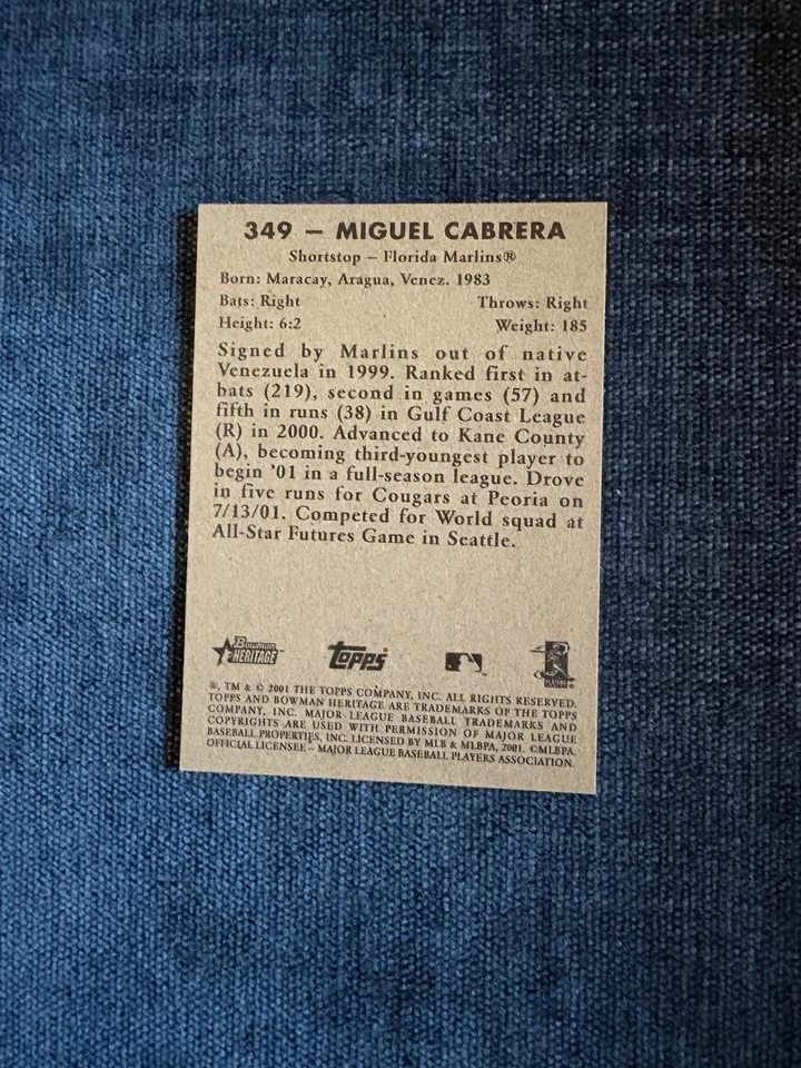 Bowman Heritage Miguel Cabrera #349 2001 novato listo para clasificar como nuevo Foto 2 de 4