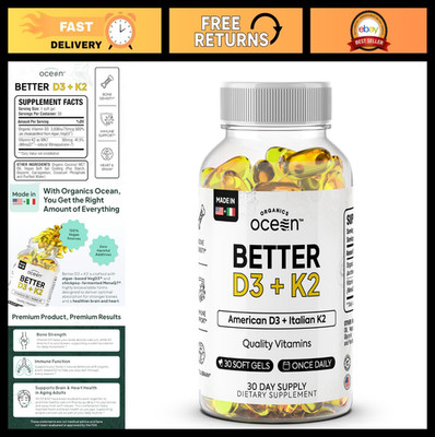 Organic Vitamin D3 + K2 Supplements - 100% Natural, Supports Bone Health, Immuni