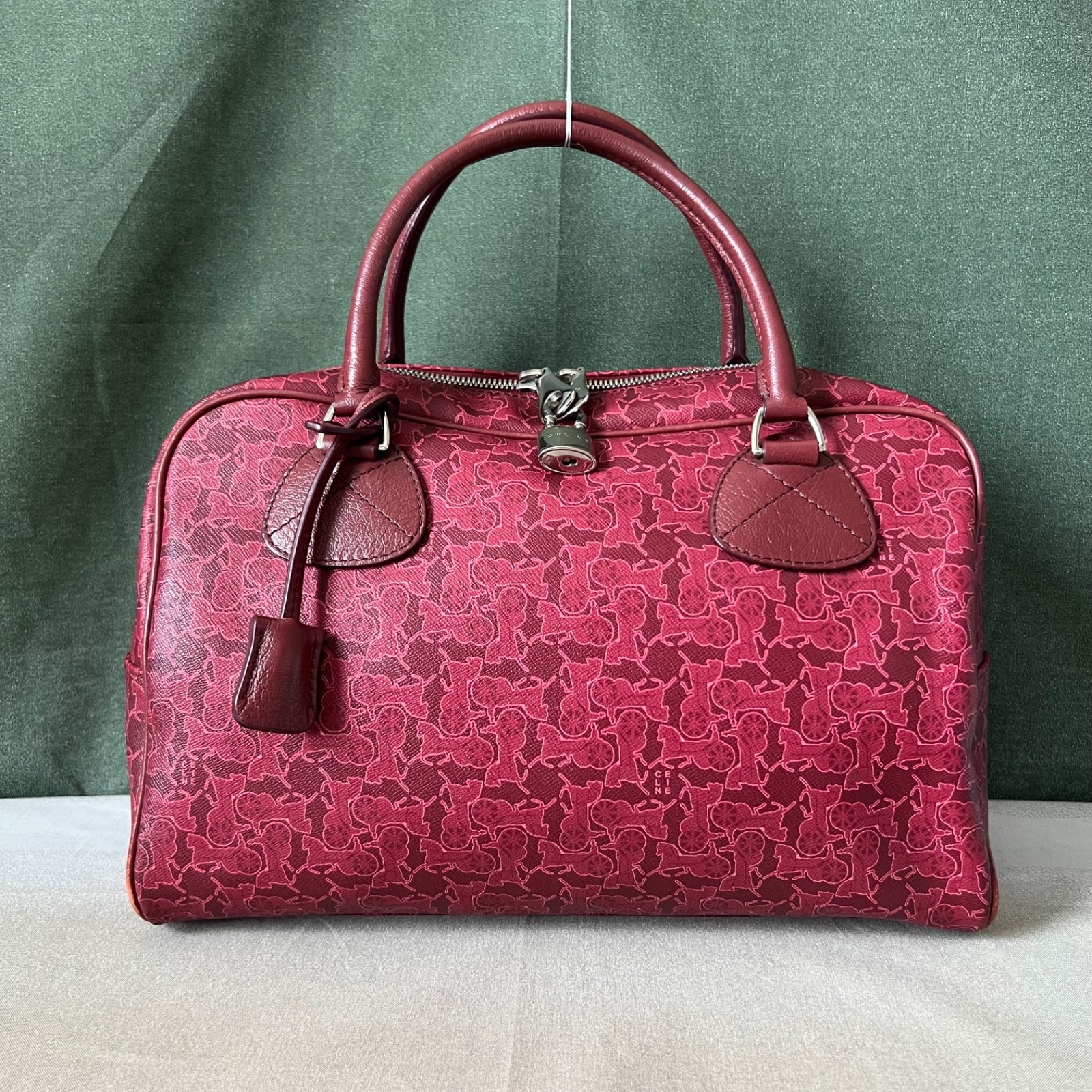 Celine Dark Red Coated Canvas Carriage Print Boston Bag