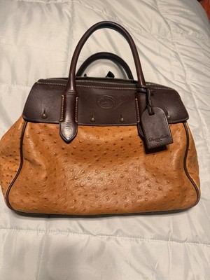 Dooney & Bourke Ostrich Satchel Top Handle Bag Tan Brown Red Interior Zipper