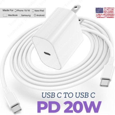 For iPhone 15 16 Pro Max Samsung PD 20W Fast Charger Block Type C To USB C Cable