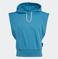 Adidas Women's Studio Lounge Short Sleeve Hooded Sweatshirt Top, Craft Blue
