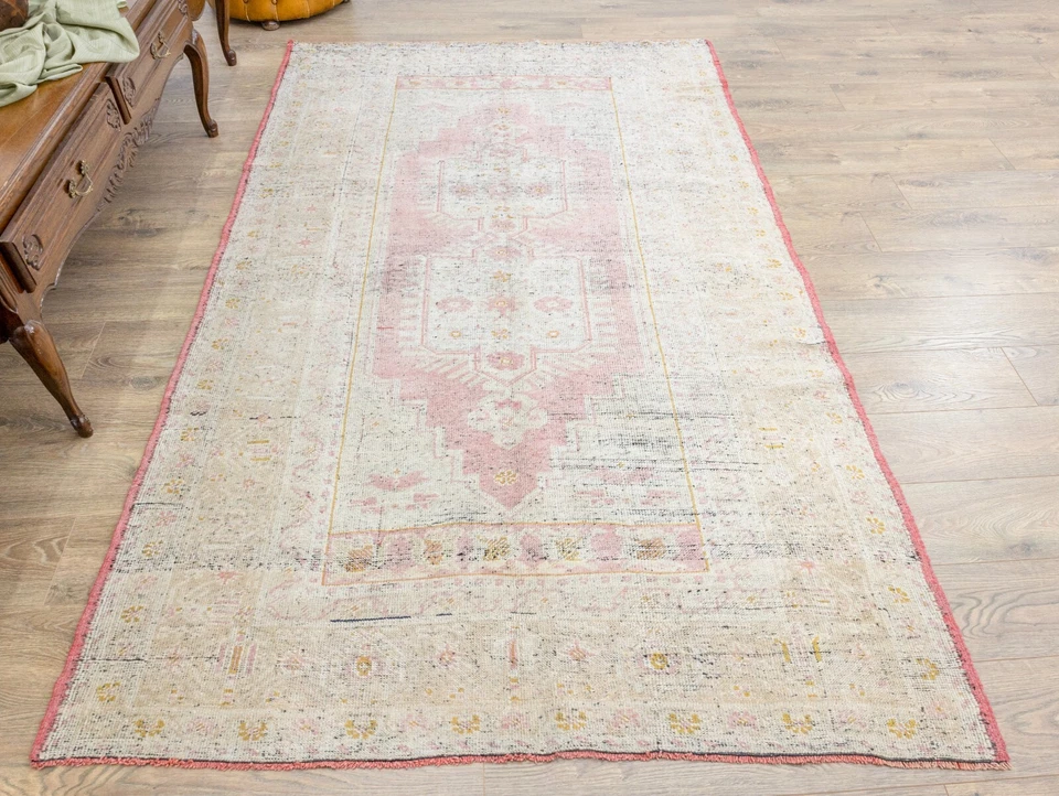 Alfombra turca Oushak, 5 x 8,5 pies, alfombra de dormitorio marfil rubor, decoración romántica de lana Foto 4 de 4