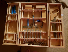 VINTAGE CHILDREN'S WOODEN TOOL BOX AND TOOLS SET