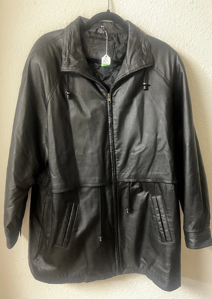 VTG 90s Jacqueline Ferrar JF Black Leather Coat Jacket Large Drawstring Waist